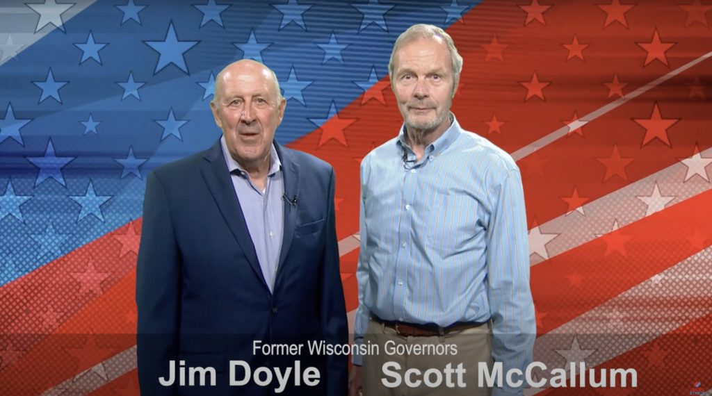 Former Democratic Gov. Jim Doyle and Former Republican Gov. Scott McCallum urge Wisconsinites to disregard political misinformation and vote this November in a new public service announcement. Photo courtesy of LeaderEthics